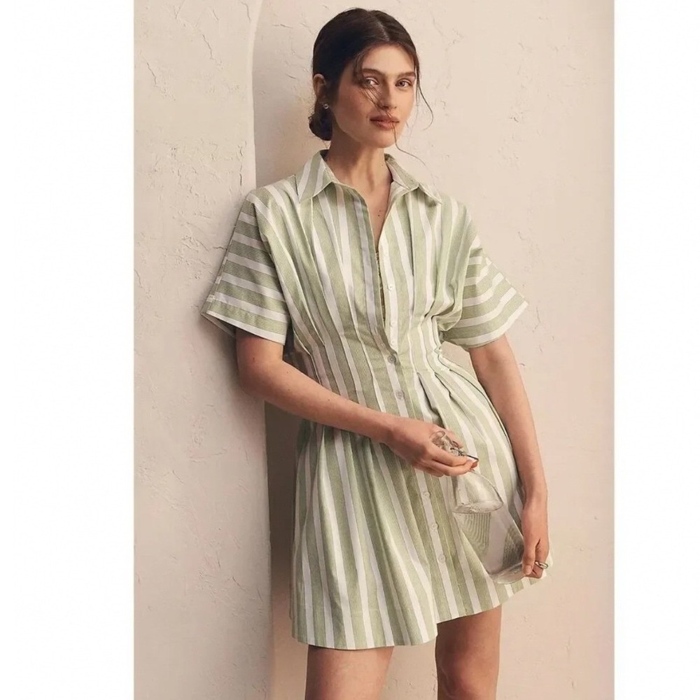 Exquise Shirt Dress Womens XS Green White Striped Good Mini Cinched Waist Pocket